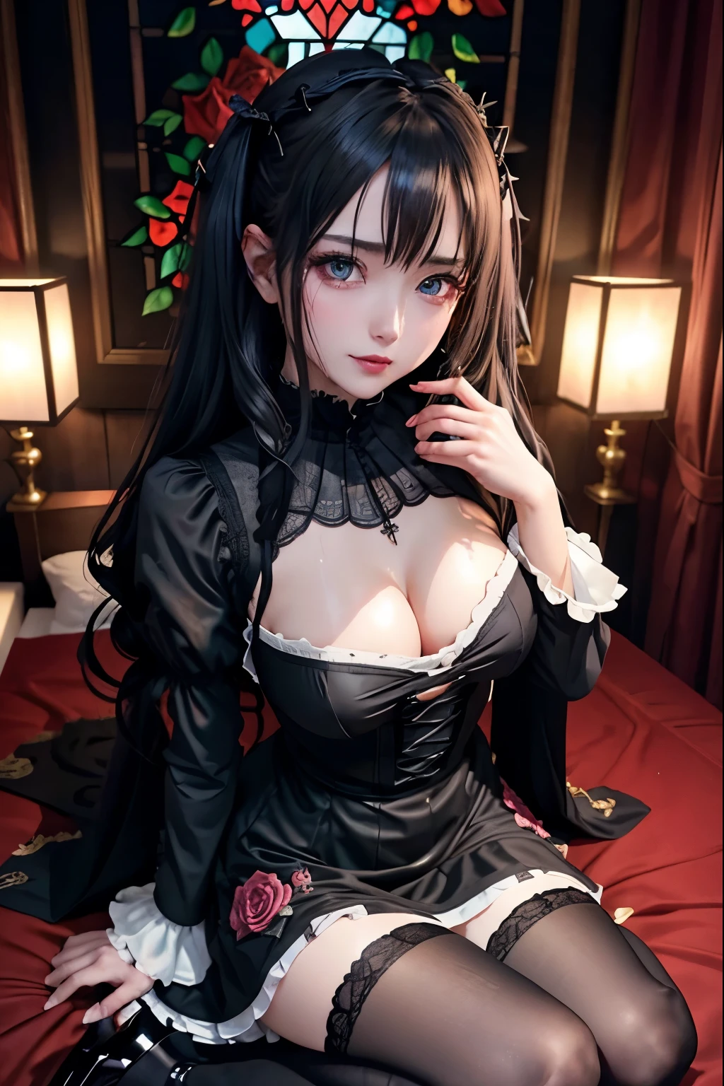 Hard Dark Gothic Makeup、Black dark eyeshadow、sad、Good skin radiance、Dark Gothicメイク、Dark smile、palace、The beauty of fragrance、24-years-old、Expression of intense sexual pleasure、Embarrassed look、Dark Gothic、Highest quality、Expression of sexual pleasure amid suffering、Drunk face、紫のMaid clothes、Mysterious、Noble、The face of someone holding it in the toilet、sexy、Loving smile、Twin tail hair、Right blue eye, Left eye is red、Super tempting pose、Platform Heel Shoes、Heavy makeup、Gothic ta clothes、Silver Hair、Long Hair Straight Hair、Cute Gothic Loliress、Beautiful Face、elegant features、Attractive face、Stained glass is the background、Chest glistening with sweat、The room is dark、goth long dress、Bell Sleeves、Wizard Sleeve、Decadent look、Sexually excited expression、Glossy thighs wet with water、Thighs that are wet and shiny with oil、Background of a room full of roses、sad expression、Rose Maiden、The embroidery is pink、The dress has pink embroidery.、Thigh-high socks、Knee-high socks、Gentle expression、Dark black eyeshadow、Stained glass and rose background、thighs are a little thin、Female Duo、Female couple、dark church background、Stained glass、Black metal world、Dark Castle、Dark Room、Slender body、gothic long dress、Victorian dress、Her thighs are shining with sweat、My body is wet and shiny、Lots of glitter on the thighs、sweating、My thighs are sticky from sweating、Sweat glistening on my thighs, The whole body is sweaty and shiny、I sweated a lot.、My thighs are sweaty、My thighs are wet、My thighs are shining with sweat、A lot of sweat glistening all over the body、Small breasts、Hold the wine in your right hand、Hold the lantern in your left hand、pantyhose、Sit on the bed、The bed is covered with roses、Lying in bed、Slender body、