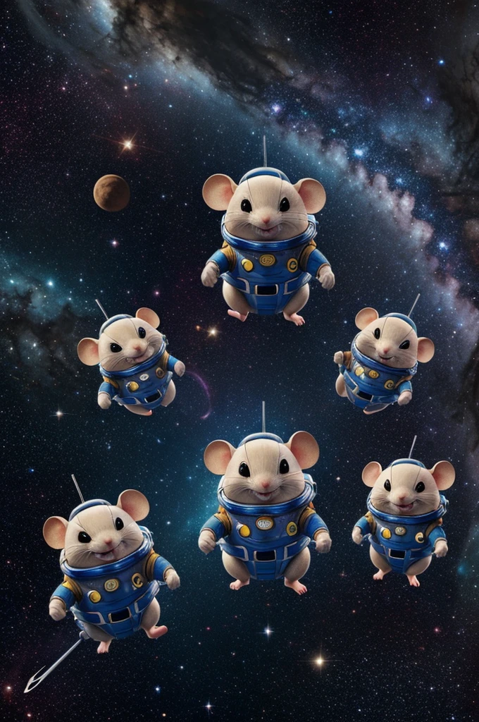 "A group of anthropomorphic mice in space suits, floating in outer space. Behind them, you can see bright stars, planets and a colorful nebula. The mice are smiling and seem to be enjoying zero gravity, with some holding small space tools or gadgets. The setting is vibrant and full of futuristic details."