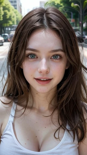 White woman, 35 years old, Brown hair, long hair, messy hair, Nice face, simetric face, Green eyes, Nice body, Loose and light tank top, laughing, cleavage, park