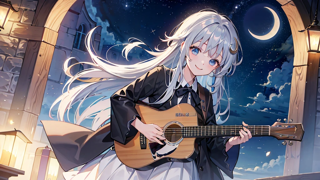 ((Highest quality、8K、masterpiece:1.3))、room、I can see the crescent moon、One Woman、Gray Hair、smile、dance、Playing guitar