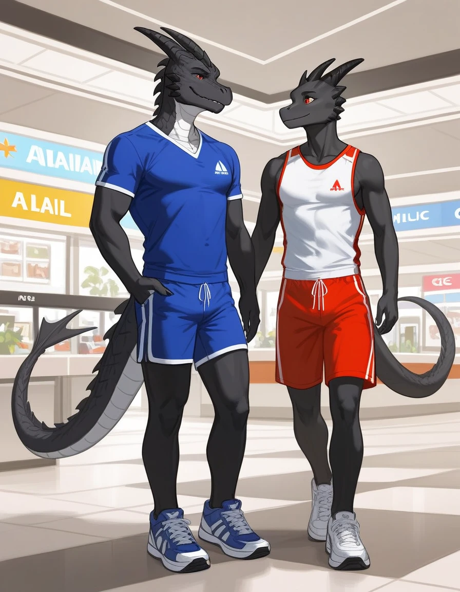 Duo, Score_9, score_8_up, an anthro dragon male, tall, athletic body, black dragon male, (black scaley body):1.3, red secondary color on body black scales, black dragon, red eyes, he is wearing a blue sports jersey and shorts with white sneakers, walking in a strip mall, looking to his left at other character, he is with an Anthro furry female cat girl