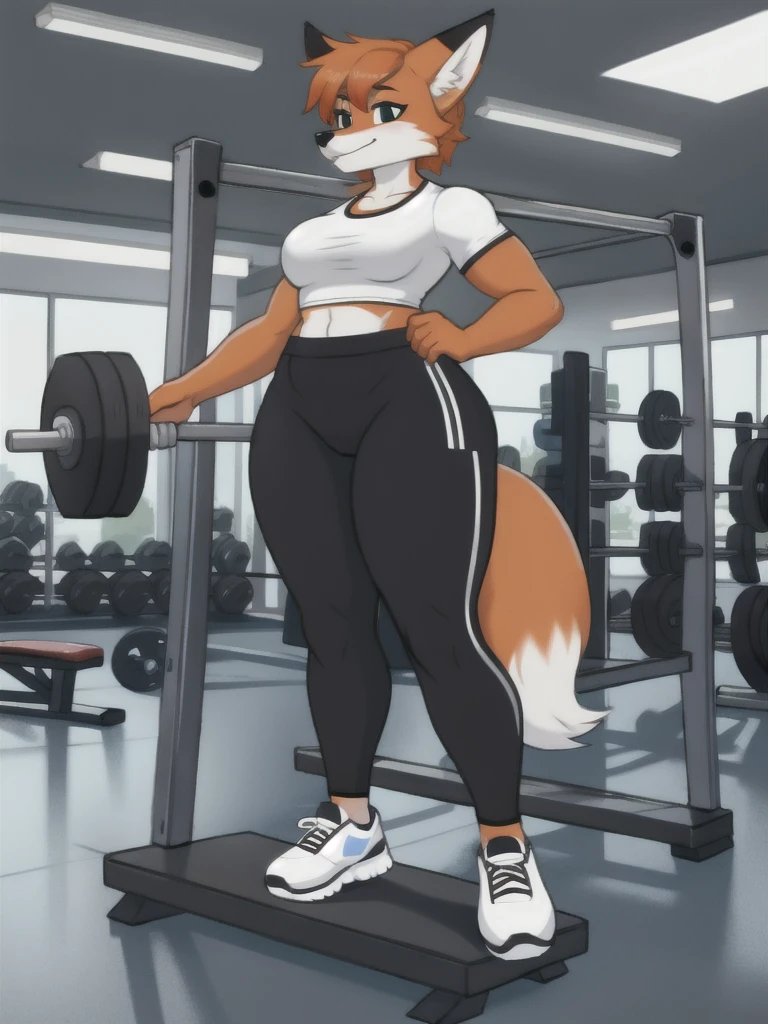 Furry, fox, female, white shirt, black leggings, shoes, gym, teen, full body