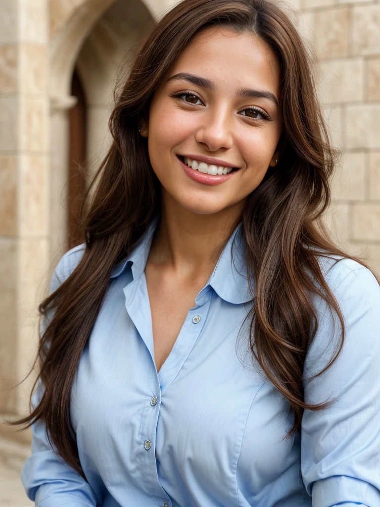 a photo-realistic selfie of a beautiful Palestinian woman with long brown hair, blue shirt, white teeth, and a cute smile, with highly detailed and realistic facial features, modest expression, and realistic white skin tone