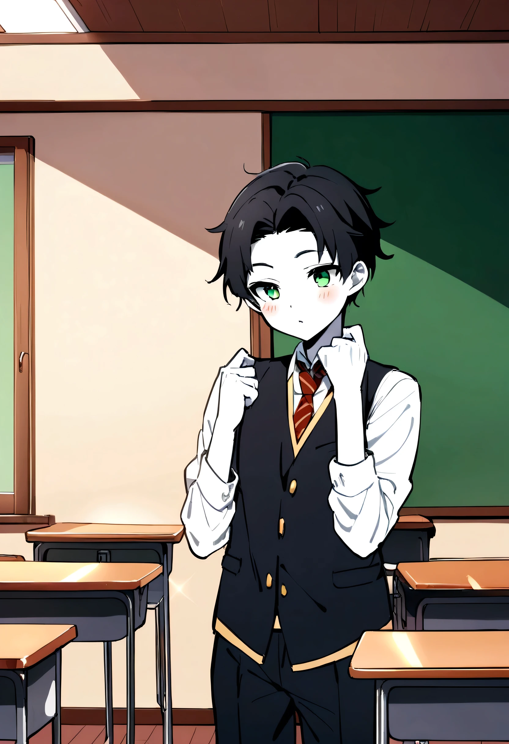 A Black Hair Boy White Skin Ferminine that has Flat Breast Background Classroom