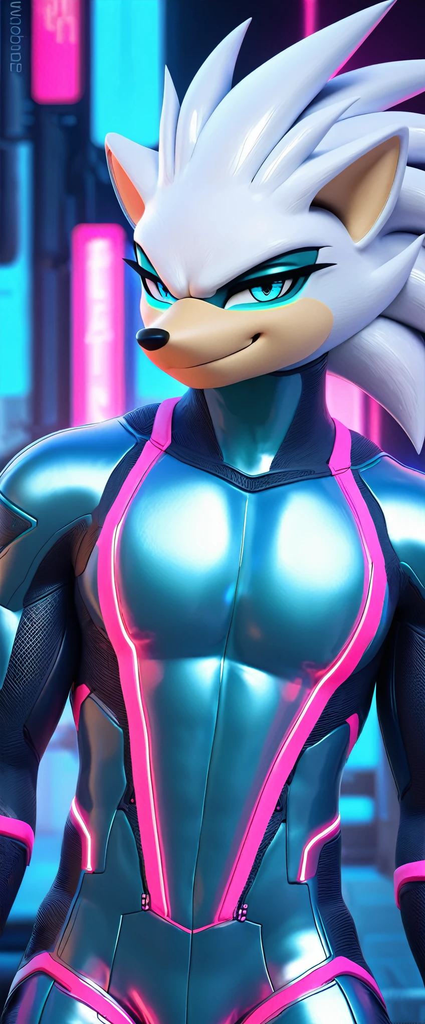 (((masterpiece:1.5, 4K, 8K))), a (((full body))) high quality digitally drawn rendered image ((by SEGA)) of A solo male anthro ((silver—white hedgehog)), with glowing blue eyes, ((metallic blue eyeliner:1.5)), (((tan muzzle))), wearing a (((sci-fi bodysuit))) stands in a neon-lit cyberpunk city The android's bodysuit is adorned with (((bright teal coloring:1.5))) with (((neon pink accents:1.4))), and intricate android seams, creating a futuristic look. the android has a seductive smirk on his face