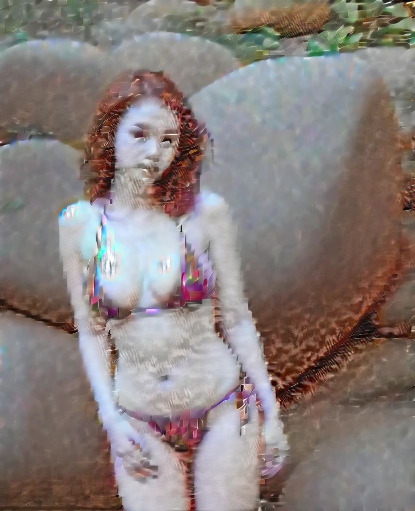 a woman (no black bikini tops, bikini bottom,  with strings only, very large breasts, :1.3)

No primitive clothes, no long pants