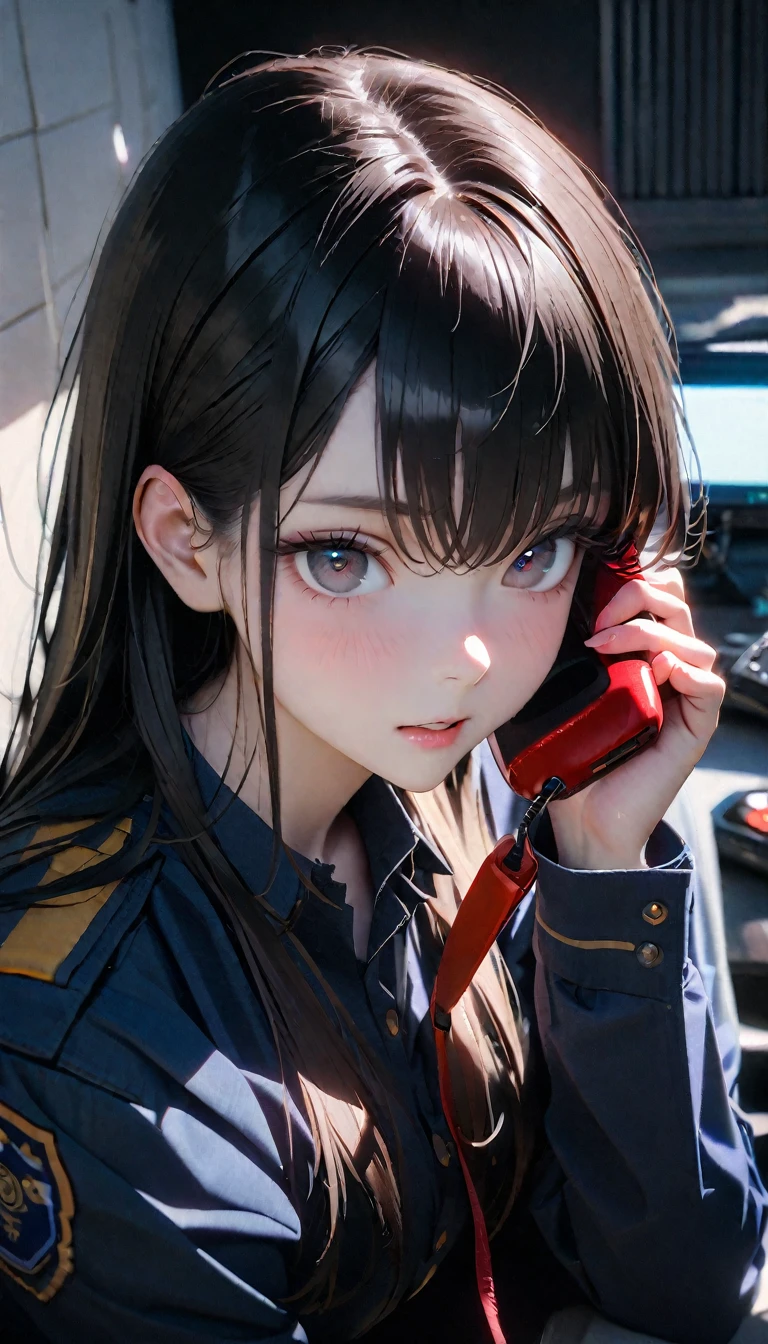 (8K, RAW photos, best quality, masterpiece: 1.4), (((Answering the phone的fema))),Ultra-high resolution, Extremely detailed, light, female, black eyes, (delicate eyes, Eyes are bright:1.2), Black long hair, Fair skin,dark, Prop police uniform,(perfect anatomy:1.2), High-quality shadows, Natural Lighting, (White highlights:1.2), night, cloudy day, (Police Station:1.2), (Answering the phone:1.2)