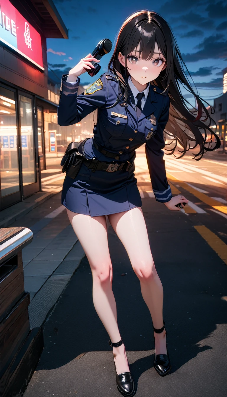 (8K, RAW photos, best quality, masterpiece: 1.4), (((Answering the phone的fema)))，Ultra-high resolution, Extremely detailed, light, female, black eyes, (delicate eyes, Eyes are bright:1.2), Black long hair, Fair skin,dark, Prop police uniform,(perfect anatomy:1.2), High-quality shadows, Natural Lighting, (White highlights:1.2), night, cloudy day, (Police Station:1.2), (Answering the phone:1.2)