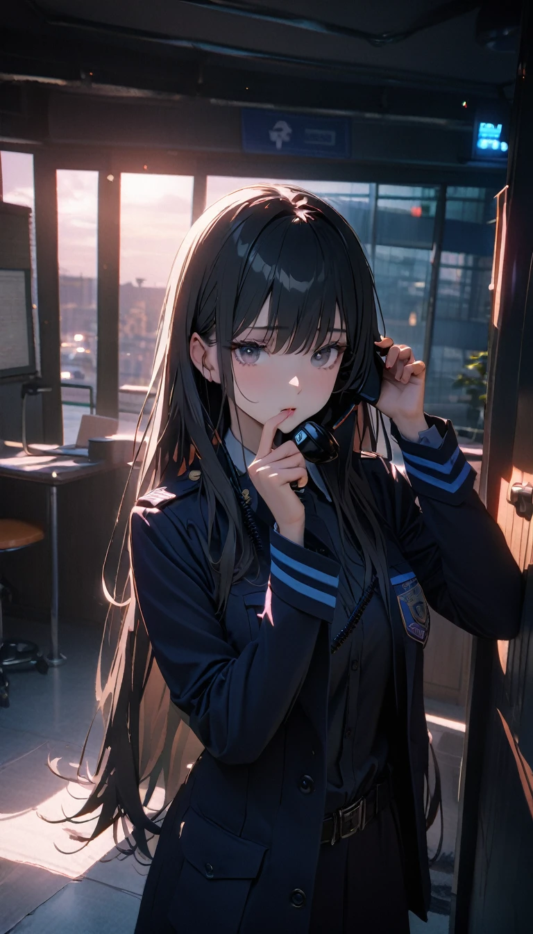 (8K, RAW photos, best quality, masterpiece: 1.4), (((Answering the phone的fema))),Ultra-high resolution, Extremely detailed, light, female, black eyes, (delicate eyes, Eyes are bright:1.2), Black long hair, Fair skin,dark, Prop police uniform,(perfect anatomy:1.2), High-quality shadows, Natural Lighting, (White highlights:1.2), night, cloudy day, (Police Station:1.2), (Answering the phone:1.2)