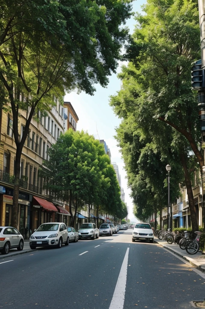 Society where everything is perfect where there are trees and flowers in the city where there is no pollution and people travel in non-polluting vehicles such as bicycles