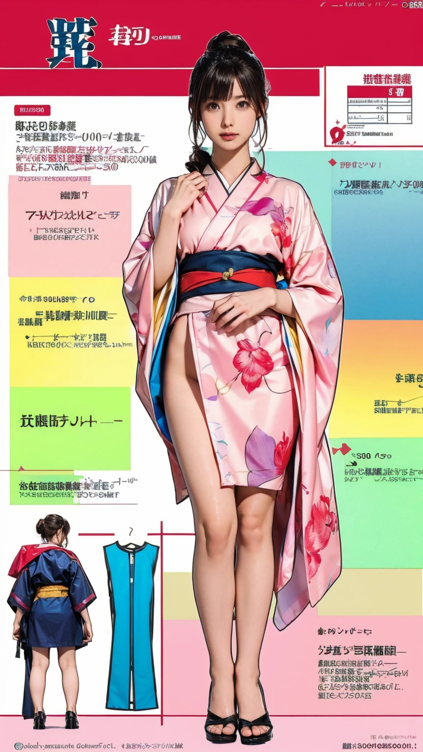 ((masterpiece)),(((Highest quality))),((Character design sheet)),Thin thighs,Long legs,masterpiece, Colorful Japanese Kimono, woman, 30 years old,