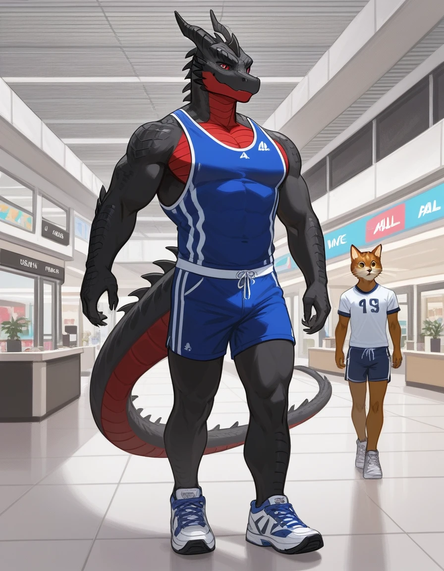 Duo, Score_9, score_8_up, an anthro dragon male, tall, athletic body, black and red dragon male, (black scaley body):1.3, red secondary color on body black scales, black dragon, red eyes, he is wearing a blue sports jersey and shorts with white sneakers, walking in a strip mall, looking to his left at other character, he is with an Anthro furry female cat girl