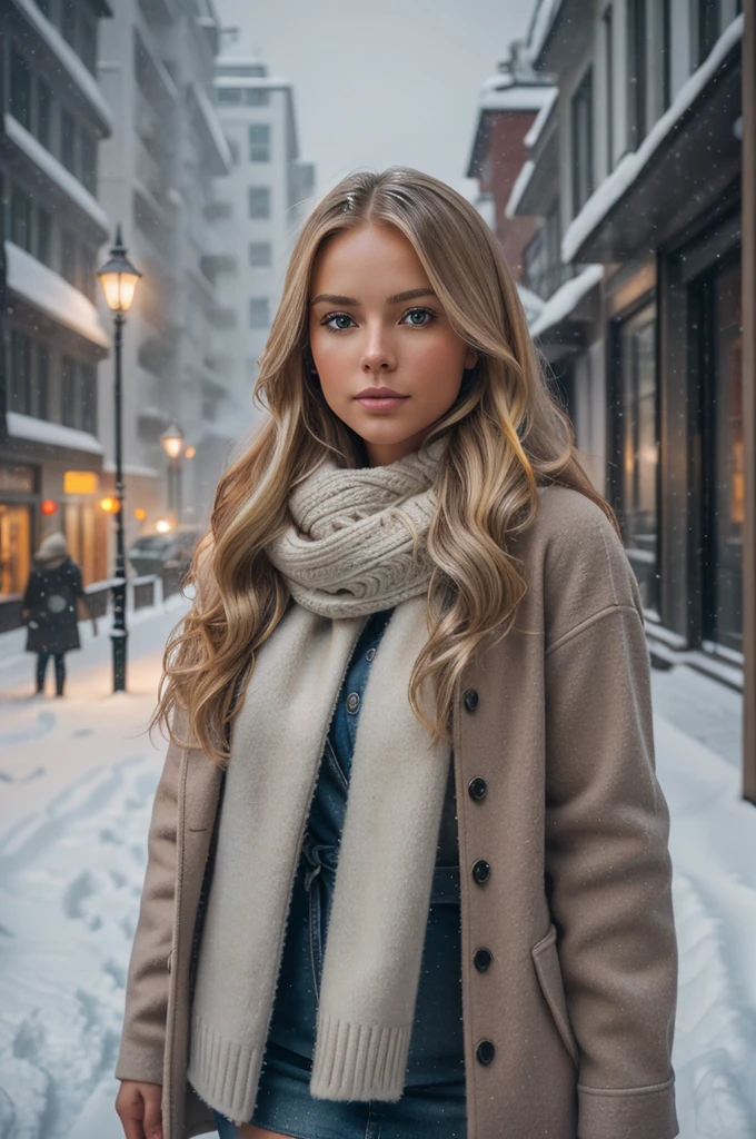 professional portrait photograph of a gorgeous Norwegian girl in winter clothing with long wavy blonde hair, sultry flirty look, gorgeous symmetrical face, cute natural makeup, wearing elegant warm winter fashion clothing, ((standing outside in snowy city street)), stunning modern urban environment, ultra realistic, concept art, elegant, highly detailed, intricate, sharp focus, depth of field, f/1. 8, 85mm, medium shot, mid shot, (((professionally color graded))), bright soft diffused light, (volumetric fog), trending on instagram, hdr 4k, 8k