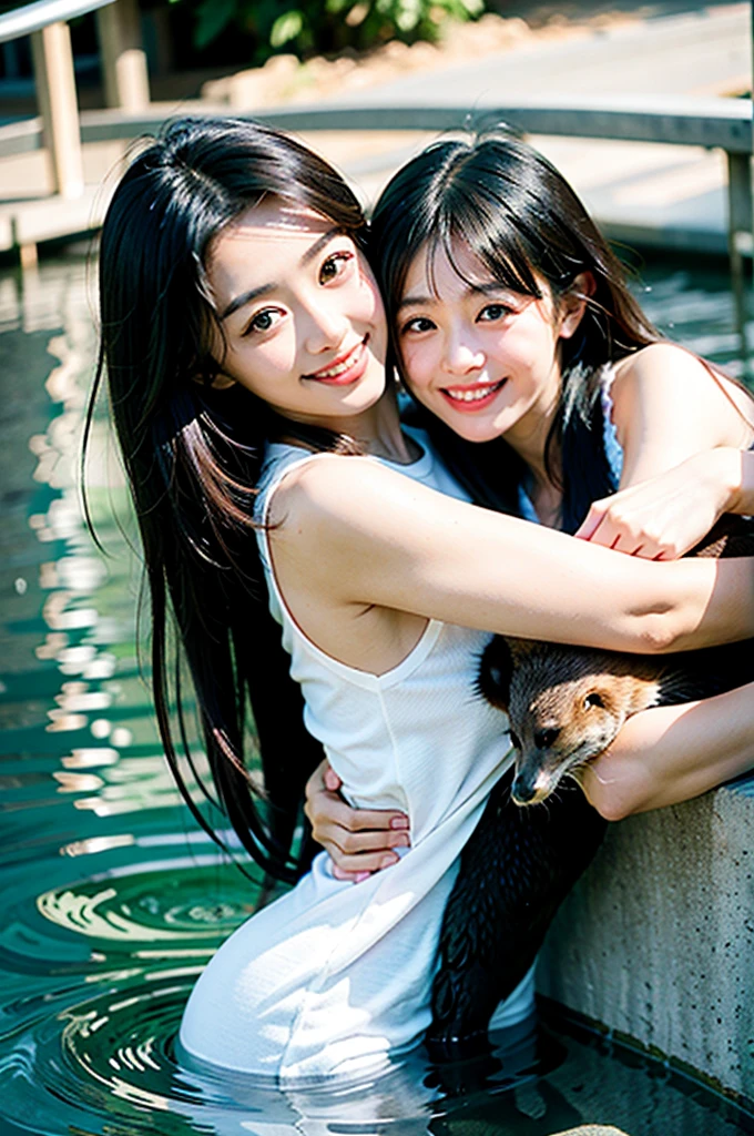Super sexy and super cute Japan girl、Super big、Cute smile、A girl hugging a cute little otter