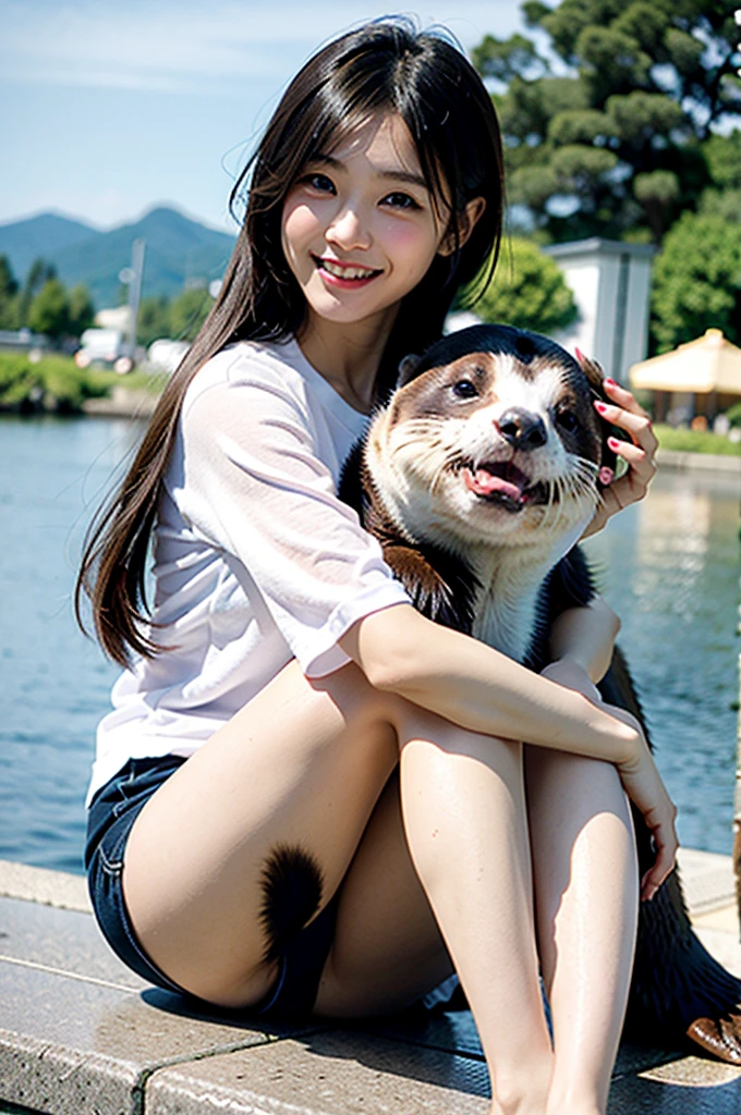 Super sexy and super cute Japan girl、Super big、Cute smile、A girl hugging a cute little otter