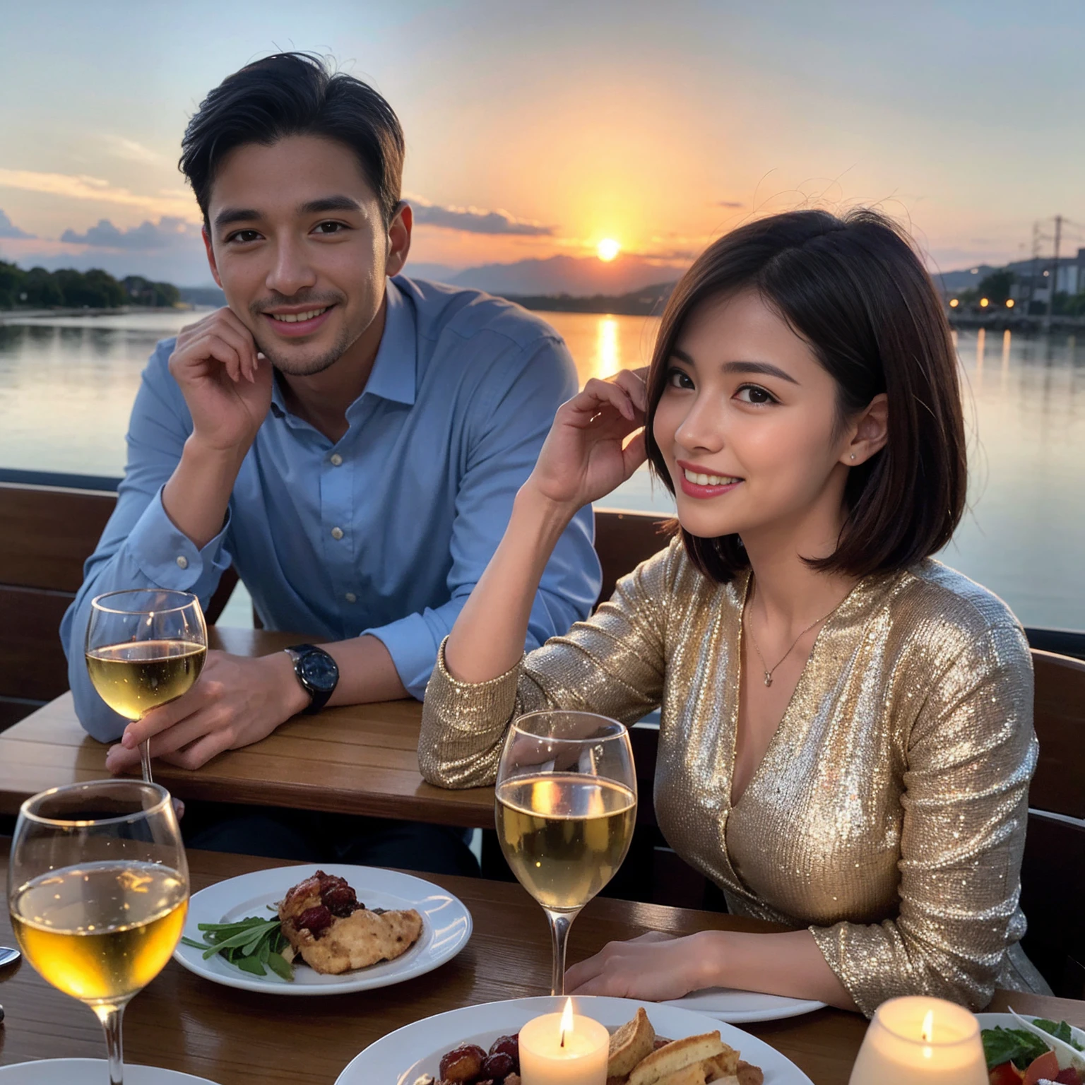 ((Highest quality、8K、masterpiece:1.3))、 (Ultra-realistic、 Genuine、Bright image、Intricate details:1.2), 最高のsmile、1 male 1 female、Beautiful couple、Love Love Love、spouse、Female announcer、actress couple、smile、Full-course dinner at a packed table、 (Slim face), (the body is slim), (Brown Hair), (short hair), テーブルのwine glass、Please shine a light on my face、 Amazing view of the sunset sky and clouds、42 years old 39 years old, red wine 、Appetizers、Wine bottle、sparkling wine、Long sleeve shirt、dress、White wine, red wine, wine glass,