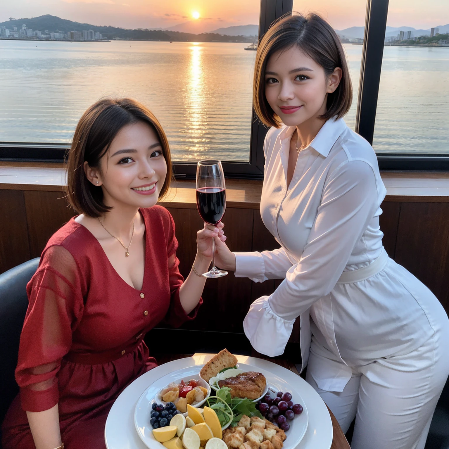 ((Highest quality、8K、masterpiece:1.3))、 (Ultra-realistic、 Genuine、Bright image、Intricate details:1.2), 最高のsmile、1 male 1 female、Beautiful couple、Love Love Love、spouse、Female announcer、actress couple、smile、Full-course dinner at a packed table、 (Slim face), (the body is slim), (Brown Hair), (short hair), テーブルのwine glass、Please shine a light on my face、 Amazing view of the sunset sky and clouds、42 years old 39 years old, red wine 、Appetizers、Wine bottle、sparkling wine、Long sleeve shirt、dress、White wine, red wine, wine glass,