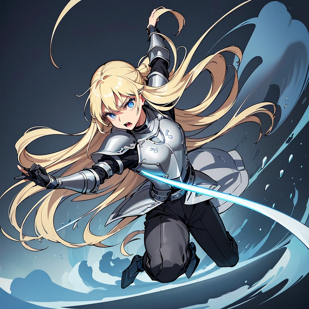 (((Solo)))、(Full body character concept)、Highest quality, Best Quality、(((Gray simple armor、Black trousers))、(woman、18-year-old)、(Blonde、Long Hair)、(Simple Background)、(get annoyed、Open your mouth)、(From below)、Glowing blue aura、(Grab the sword、Ready your sword)、Movement angle、(From above at an angle)