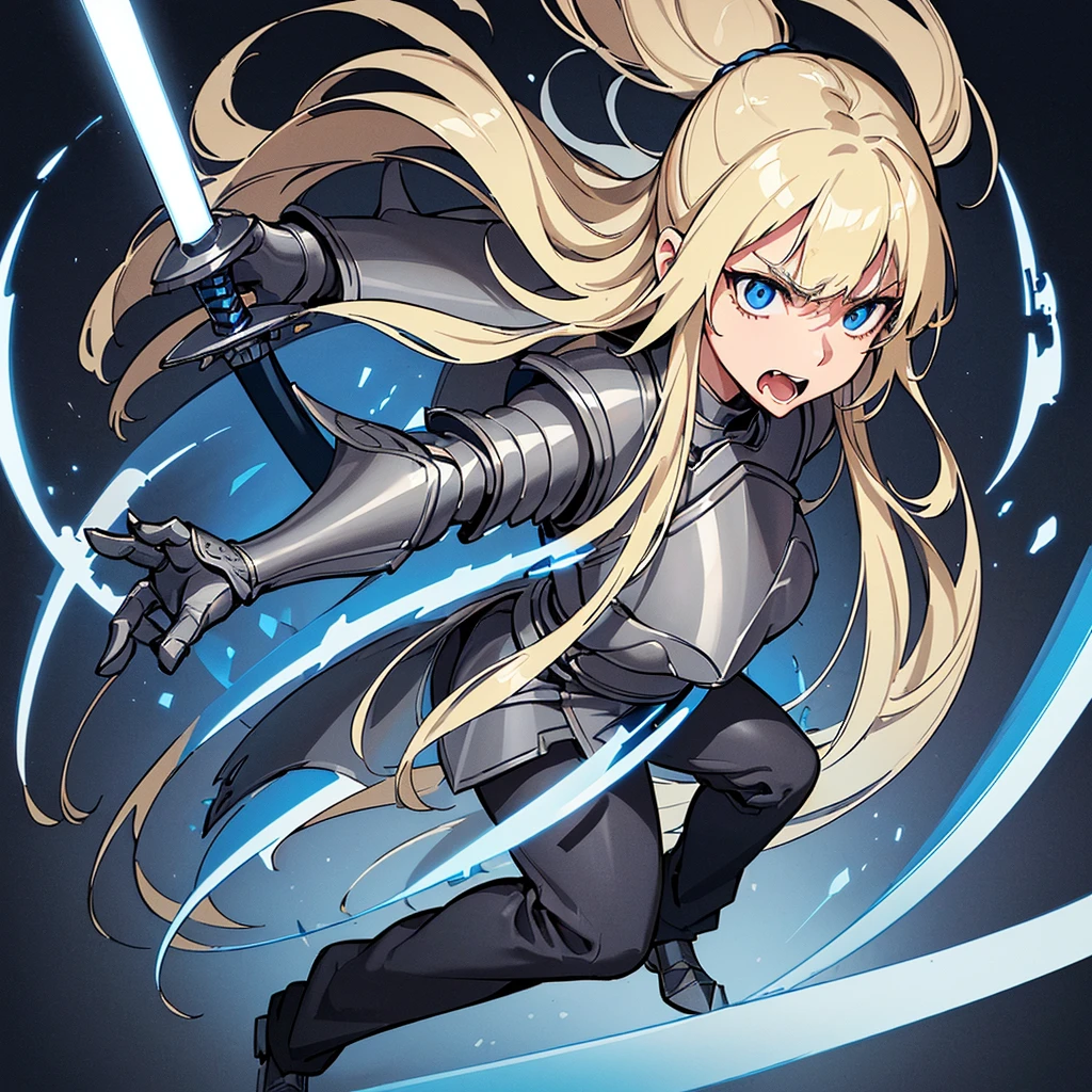 (((Solo)))、(Full body character concept)、Highest quality, Best Quality、(((Gray simple armor、Black trousers))、(woman、18-year-old)、(Blonde、Long Hair)、(Simple Background)、(get annoyed、Open your mouth)、(From below)、Glowing blue aura、(Grab the sword、Ready your sword)、Movement angle、(From above at an angle)