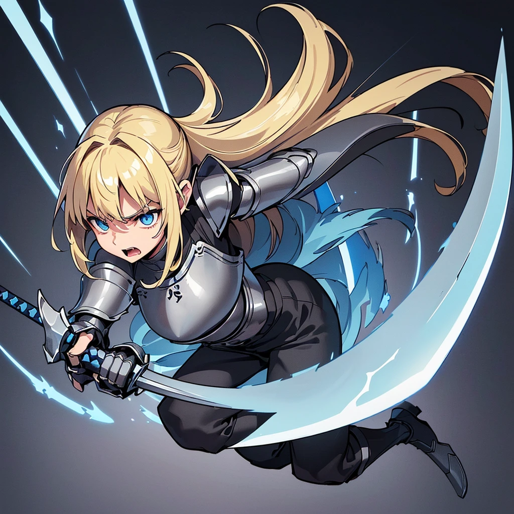 (((Solo)))、(Full body character concept)、Highest quality, Best Quality、(((Gray simple armor、Black trousers))、(woman、18-year-old)、(Blonde、Long Hair)、(Simple Background)、(get annoyed、Open your mouth)、(From below)、Glowing blue aura、(Grab the sword、Ready your sword)、Movement angle、(From above at an angle)