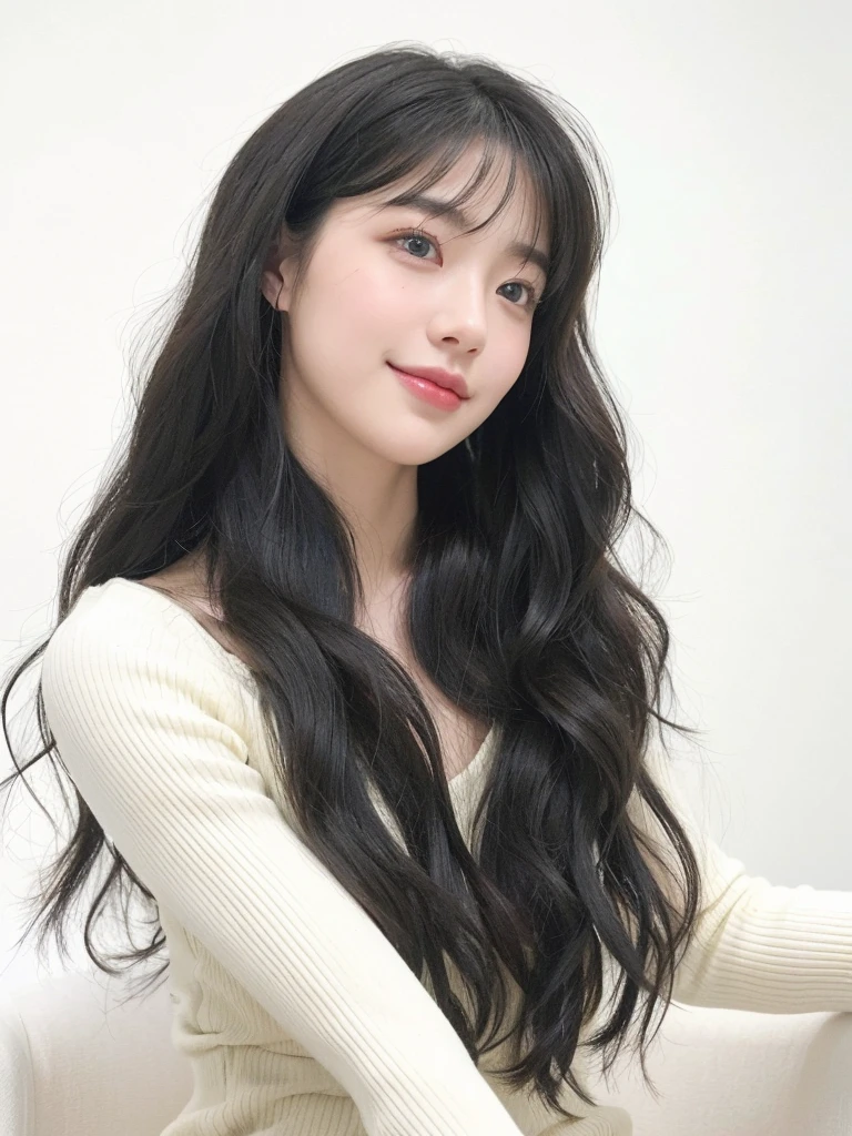 (original photography、Top quality)、(Realist、Realism:1.3)、masterpiece、Extremely refined、a very detailed、CG、Unite、8K、amazing、Details、Ultra Detailed、High resolution、absurd、Soft Light、（A black-haired one、Medium Length Hair、Bangs）、Detail of beautiful girl、Detailed fingers、Extremely detailed eyes and face、Beautiful and delicate nose、Beautiful and delicate eyes、（Glow on the face）、Looking at the audience、（close）Mouth:1.2)、1 girl、Kawaii、young、adult face、White skin、(Half body:1.3、seat)、(Mid-chest)、Lifelike face、Realistic body、Beautiful thighs、(ulzzang-6500-v1.1: 0.6)、Black shirt、Parka、(Half-smile:1.3)