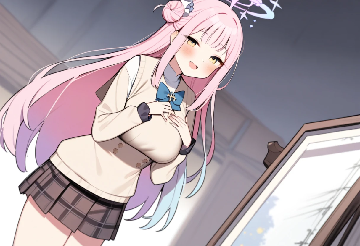 1 girl,Mika/blue archive,Kawai,beige sweater vest, plaid skirt,Smile,stand up,Pink hair,long hair,golden eye,blush,long sleeve,Thin west, short,long sleeve,Thin waist, cub g,(perfect hand perfect )