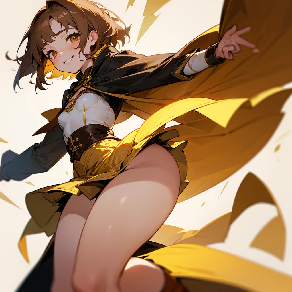 beautiful girl, cute face, perfect anatomy, short light brown hair, golden eyes, wearing an adventurer's outfit, wearing skirt, wearing a coat, with a great smile of gratitude, with a bleeding wound in the face, small breasts, big thighs, anime style.