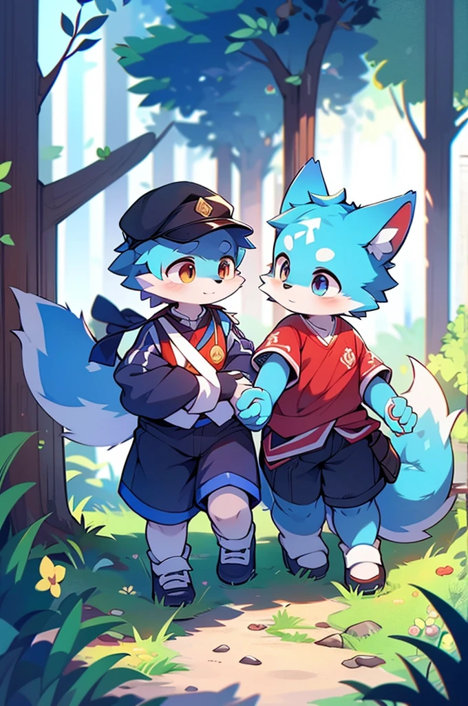 Blue fur, Canine, fox motif, Couple of girls and boys, uniform、Holding hands，One boy，One girl，