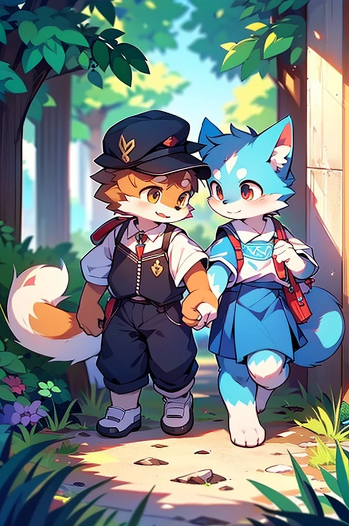 Blue fur, Canine, fox motif, Couple of girls and boys, uniform、Holding hands，One boy，One girl，