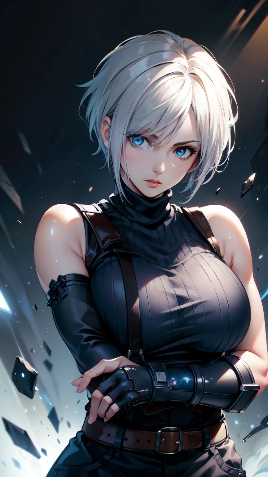 (masterpiece, best quality:1.2), expressive eyes, perfect face, highres, 1 girl, solo, (female:1.5), strife, short hair, shoulder armor, sleeveless turtleneck, suspenders, belt, gloves, bracer, standing, portrait, looking at viewer, White hair, Blue glowing eyes, holding a giant katana,