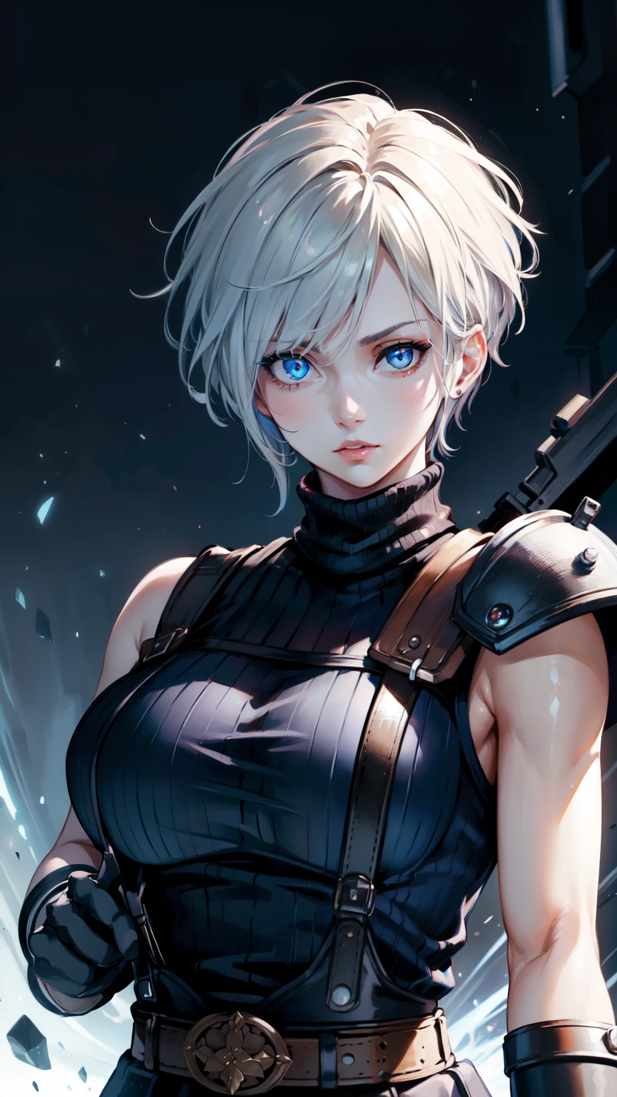 (masterpiece, best quality:1.2), expressive eyes, perfect face, highres, 1 girl, solo, (female:1.5), strife, short hair, shoulder armor, sleeveless turtleneck, suspenders, belt, gloves, bracer, standing, portrait, looking at viewer, White hair, Blue glowing eyes, holding a giant katana,