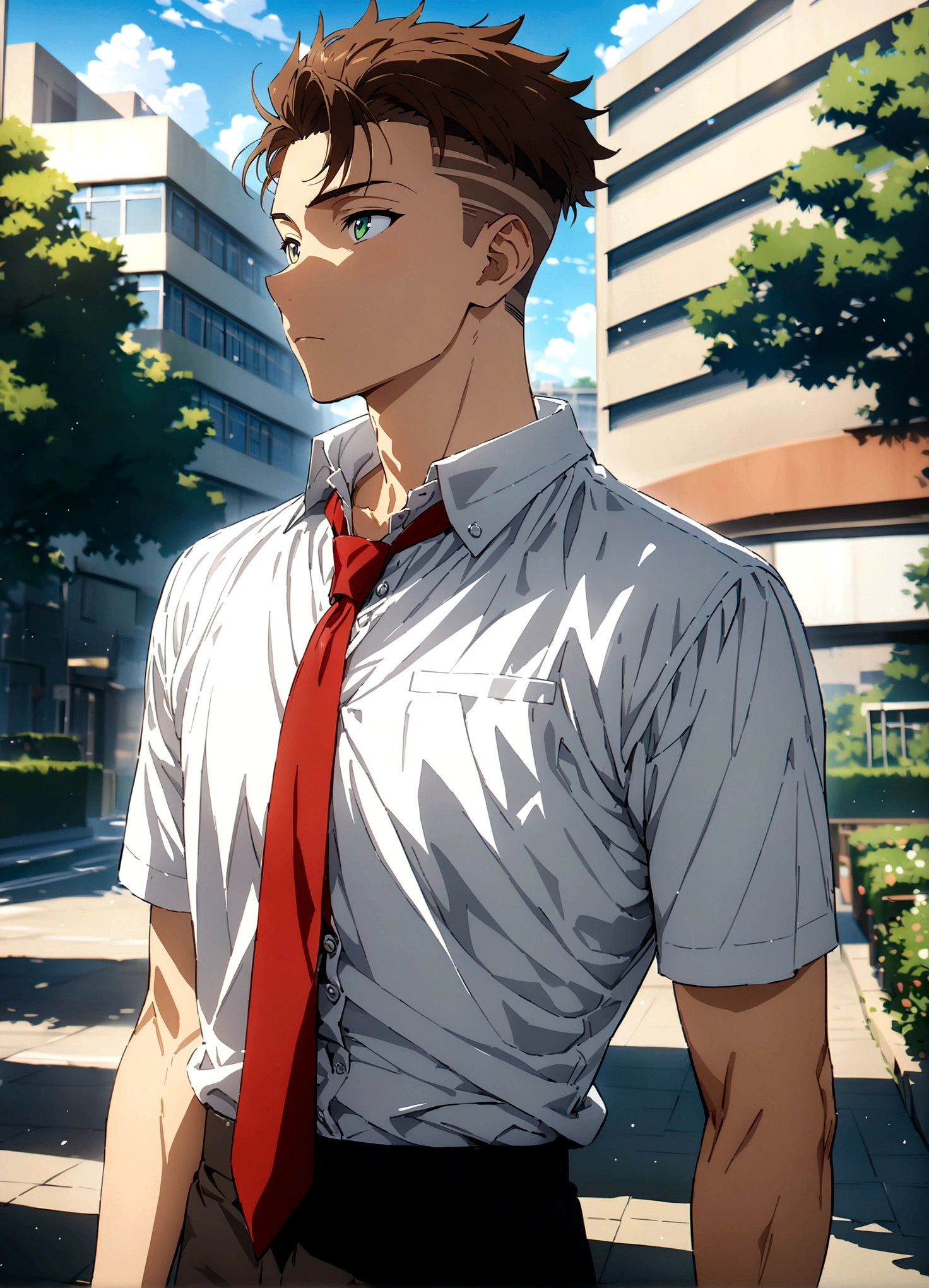 (masterpiece, highest quality, ultra detailed), high quality anime, handsome young man, green eyes, brown hair, undercut, defined yet slim body, broad shoulders, white button up shirt, short sleeves, red tie, black pants, college background