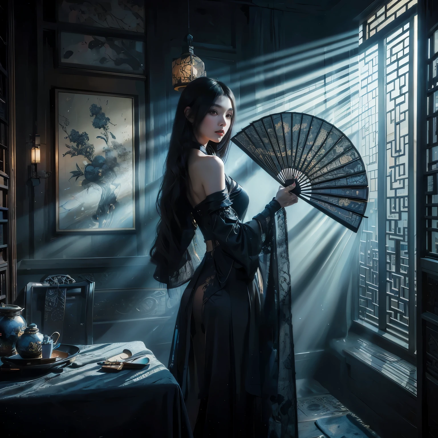 An ultra beautiful Asian woman long black hair, holding a long black ancient liquored Asian fighting fan, wearing a long black Chinese dressing gown, in a darkened room beams of moonlight streak in through the opened balcony window, Chinese garden, night sky, black ink, in the style of Caravaggio and Da Vinci, 8k resolution, hyperdetailed, photorealistic, an oil painting art style, Sfumato,