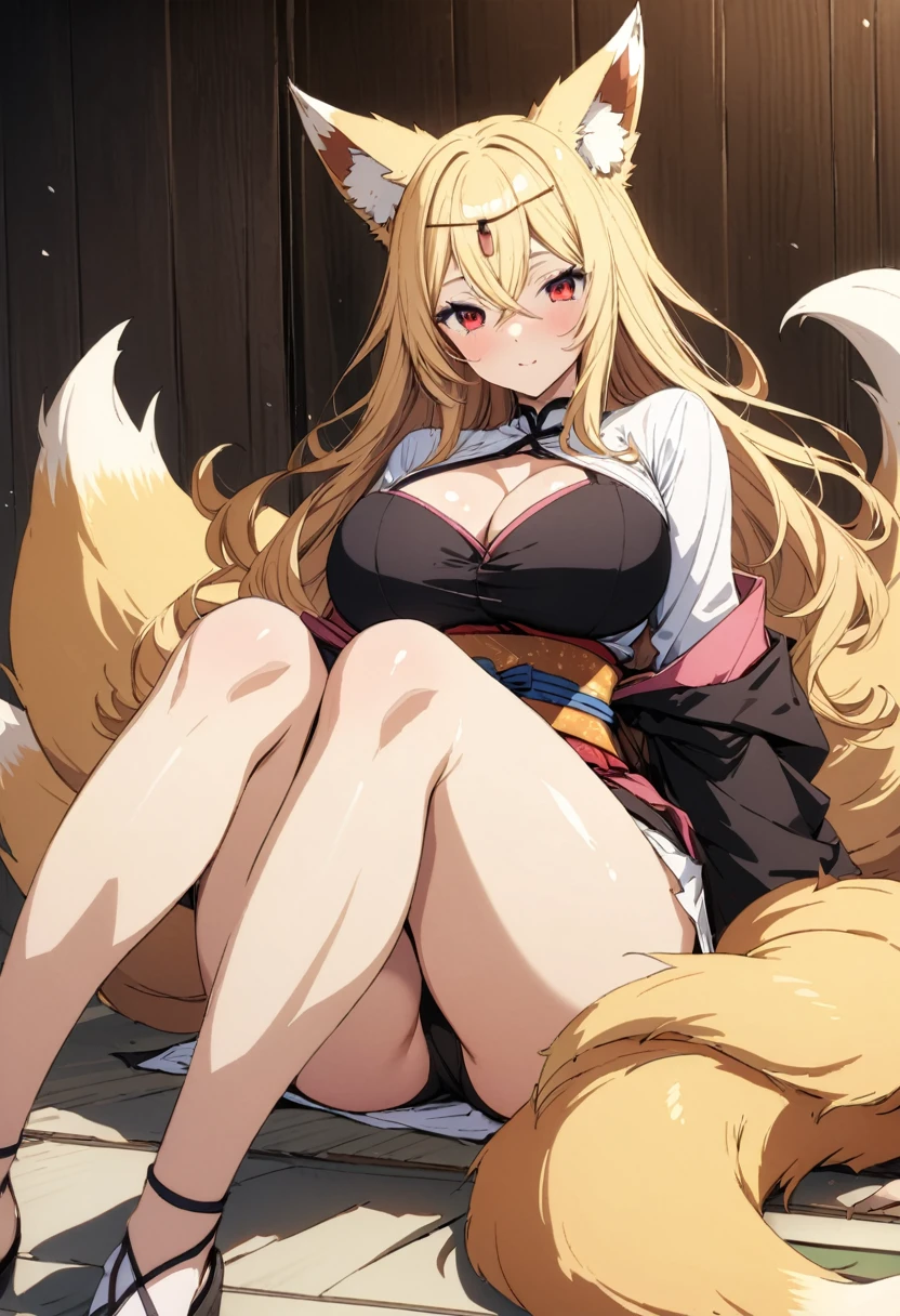 (masterpiece),(best quality),(ultra detailed),(illustration),(an extremely delicate and beautiful),(anime colored),woman is fox girl,monster girl,(giganticboobs:1.3),curvy,(shiny hair),very long hair,(flipped hair),sidelocks,(crossed bangs),(blonde hair),fox eyes,(((((((nine fox tails))))))),(((Japanese circlet))),(red eyes),(shiny skin),(((japanese kikono))),(cleavage cutout),off shoulder,thigh,legs