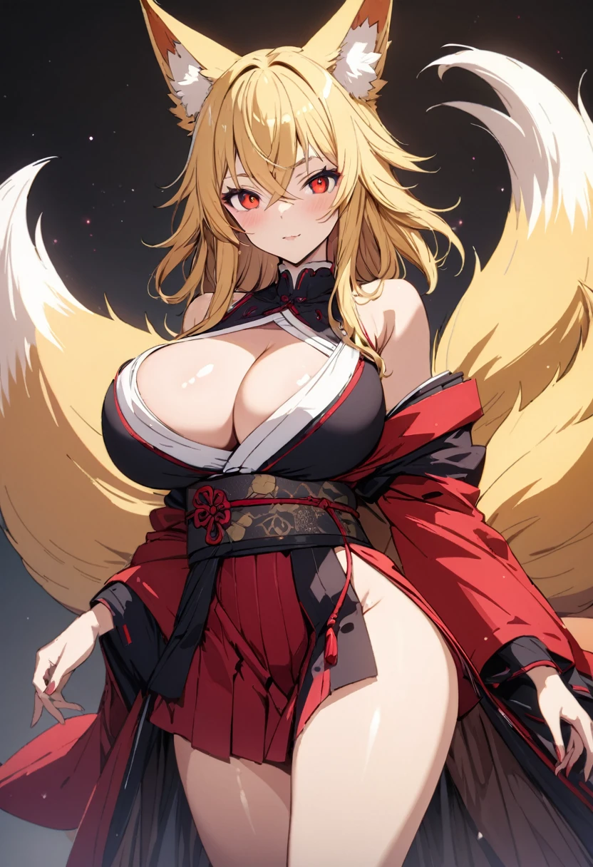 (masterpiece),(best quality),(ultra detailed),(illustration),(an extremely delicate and beautiful),(anime colored),woman is fox girl,monster girl,(giganticboobs:1.3),curvy,(shiny hair),very long hair,(flipped hair),sidelocks,(crossed bangs),(blonde hair),fox eyes,(((((((nine fox tails))))))),(((Japanese circlet))),(red eyes),(shiny skin),(((japanese kikono))),(cleavage cutout),off shoulder,thigh,legs