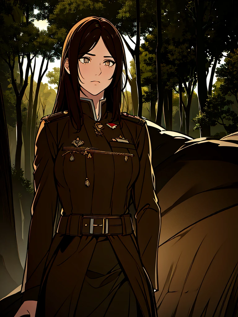 beautiful detailed eyes, beautiful detailed lips, extremely detailed eyes and face, long eyelashes, 1girl, pointing a gun, serious expression, brown hair, military uniform, outdoor setting, forest background, dramatic lighting, cinematic, muted colors, gritty, photorealistic, (best quality,4k,8k,highres,masterpiece:1.2),ultra-detailed,(realistic,photorealistic,photo-realistic:1.37)