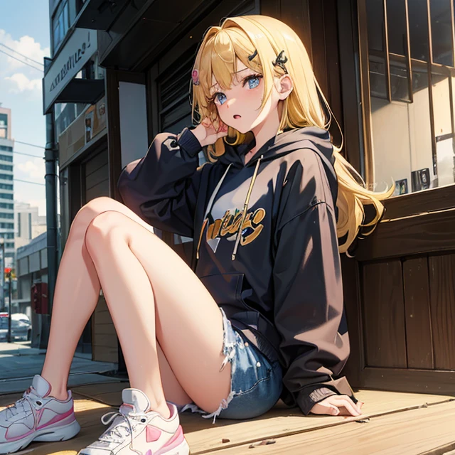 (masterpiece art, high best quality image, very detailed features) looking down, not looking to the viewer
1girl, 14 years old teenage girl, medium not so long blonde golden hair, blonde golden eyebrows, fair skin, light blue eyes, thin lips, scared demeanot, crying, sad open mouth, tears falling from her face (blue greyish hoodie, closed hoodie but not hooded head, brown jean shorts, yellow walking shoes, pink san valentine heart hairclip)
Fall on knees over the floor, trying to get up, Ottawa Canada, city street, cloudy grey day