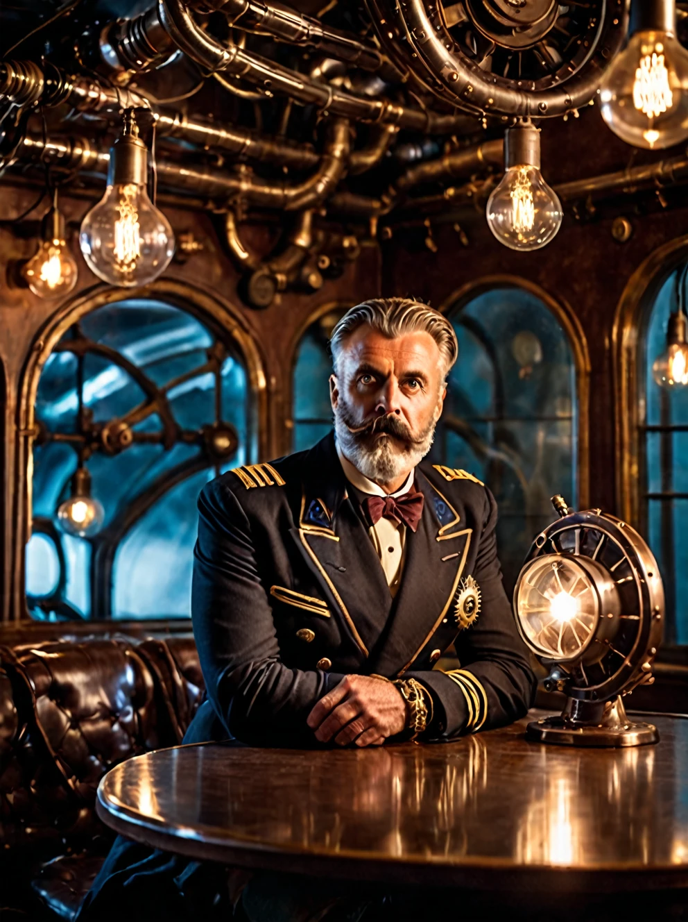 photo focus on male focus, indoors, realistic scenery, (captain nemo:1.1), teslapunkai, retro-futuristic, plasma and lightbulbs for breakfast , electricity powered, steampunk nautilus-style. very wide shot, character photo portrait, film, professional,