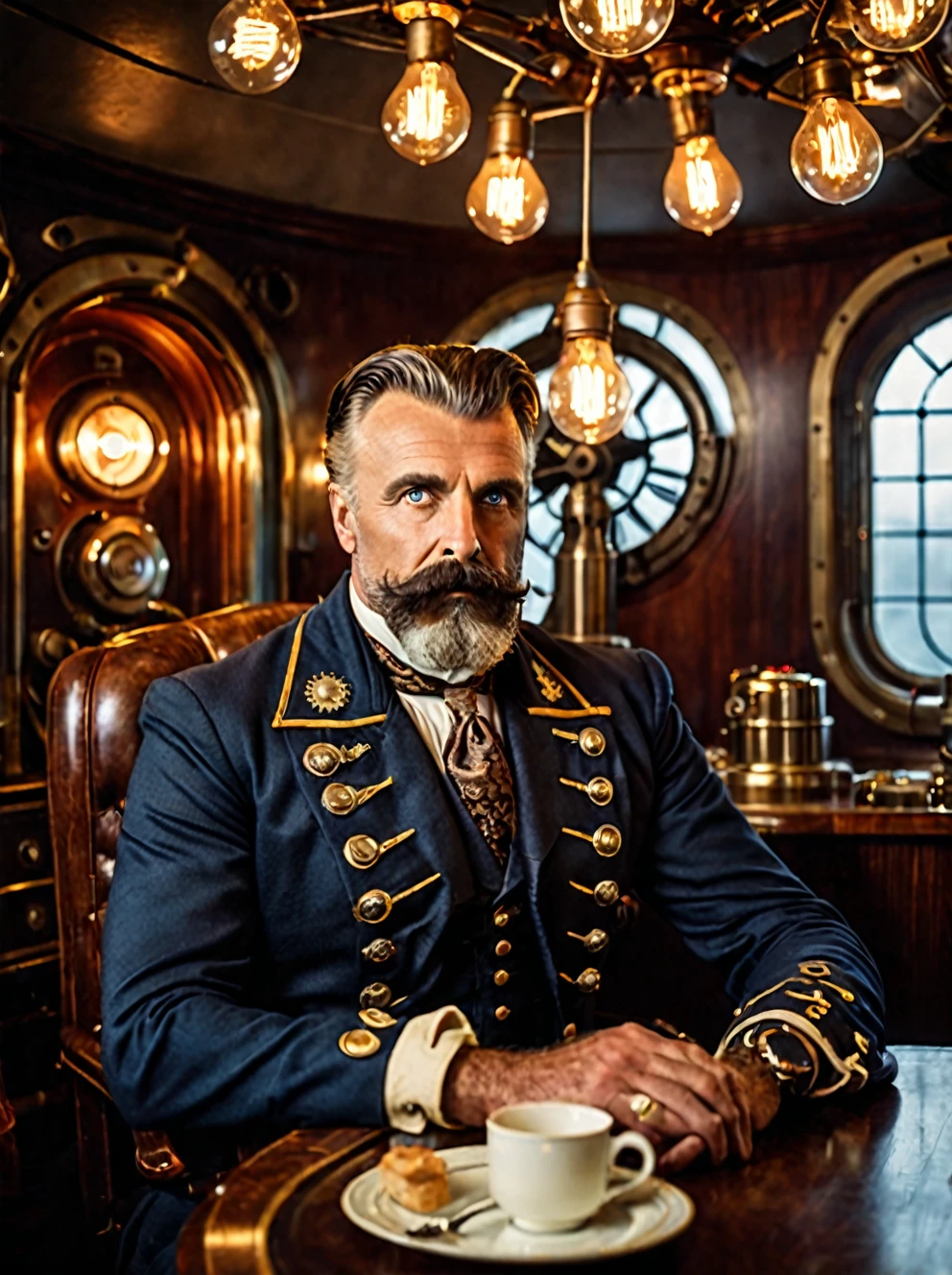photo focus on male focus, indoors, realistic scenery, (captain nemo:1.1), teslapunkai, retro-futuristic, plasma and lightbulbs for breakfast , electricity powered, steampunk nautilus-style. very wide shot, character photo portrait, film, professional,