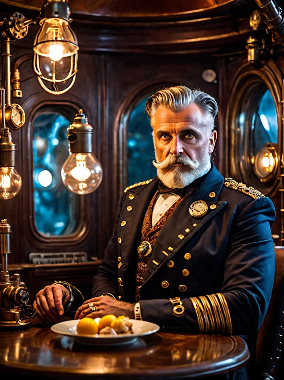 photo focus on male focus, indoors, realistic scenery, (captain nemo:1.1), teslapunkai, retro-futuristic, plasma and lightbulbs for breakfast , electricity powered, steampunk nautilus-style. very wide shot, character photo portrait, film, professional,