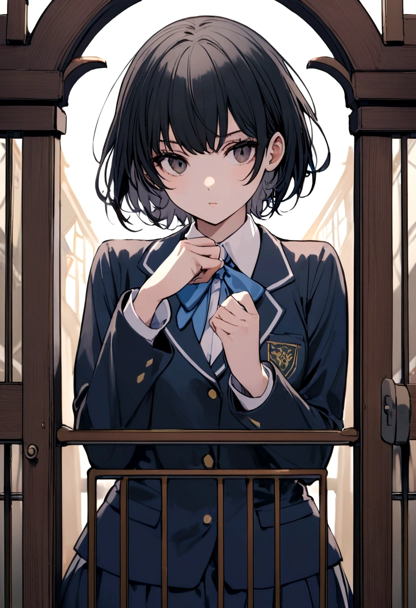 A Transboy Black Hair that look like a girl short hair dress high schools uniform background school gate