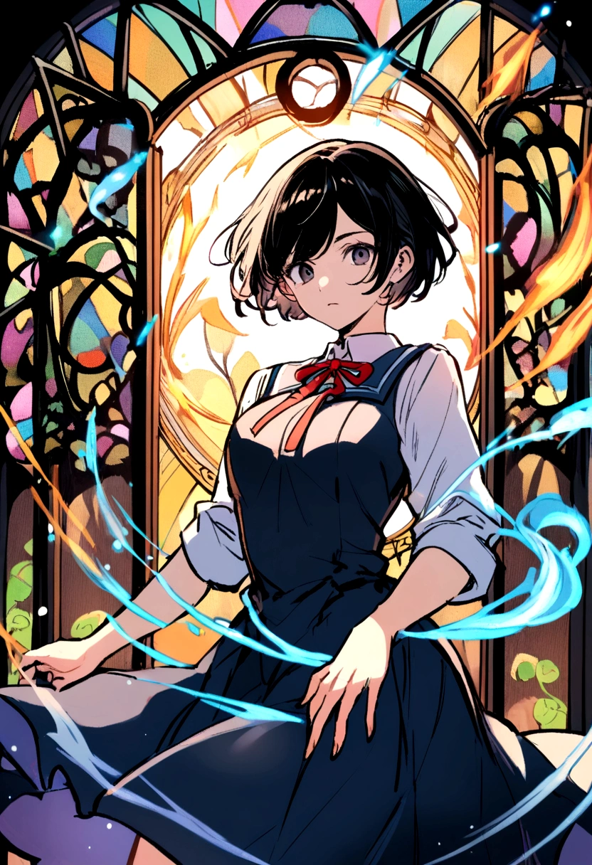 A Transboy Black Hair that look like a girl short hair dress high schools uniform background school gate