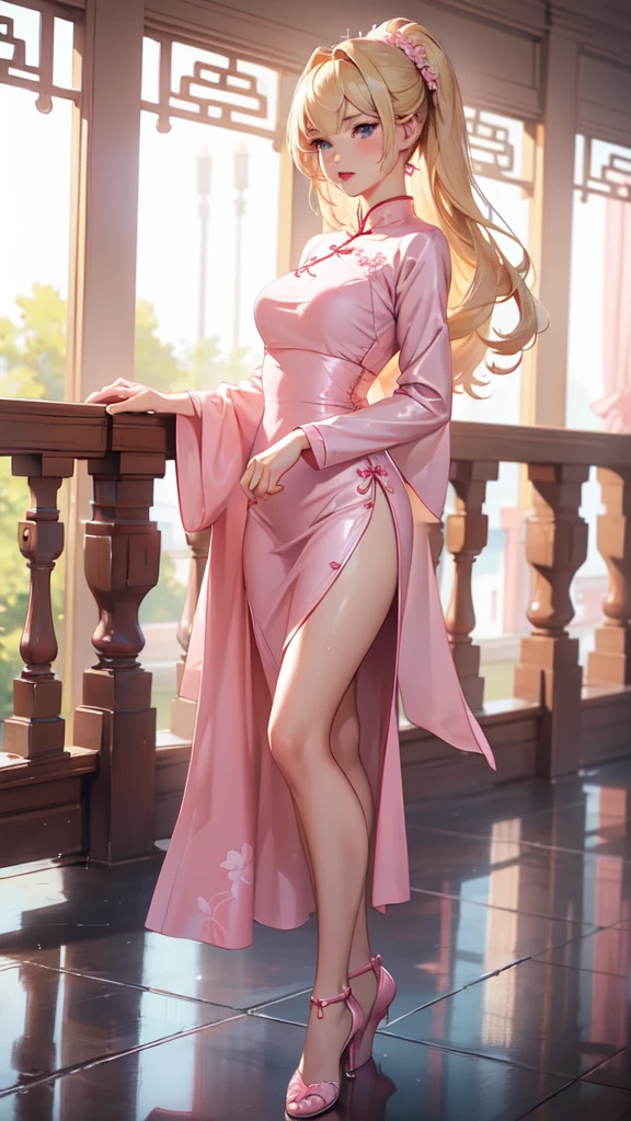 1girl, solo, elegant hair (full body: 1.1), (side at the viewer: 1.1), pink mini cheongsam, swaying in the breeze, filmg , sweet_****ta, Best quality, masterpiece, blond hair, blue eyes, Exquisite mouth,Very detailed face, blush, Shiny wet skin, Pink lips, Delicate lips, hands on hips