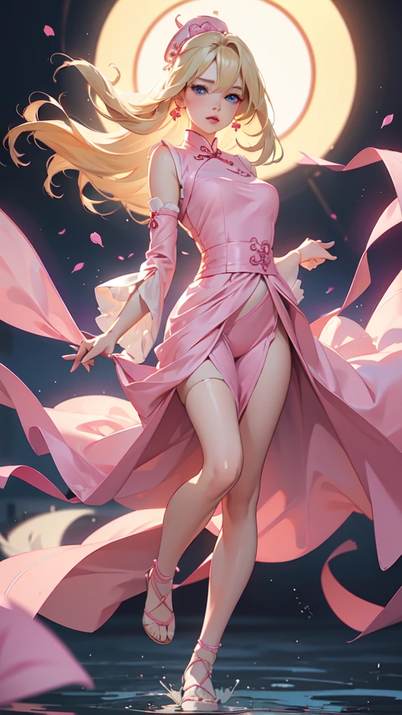 1girl, solo, elegant hair (full body: 1.1), (side at the viewer: 1.1), pink mini cheongsam, swaying in the breeze, filmg , sweet_lolita, Best quality, masterpiece, blond hair, blue eyes, Exquisite mouth,Very detailed face, blush, Shiny wet skin, Pink lips, Delicate lips, hands on hips