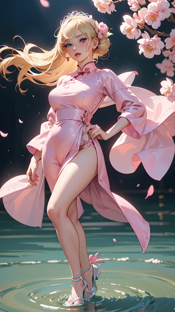 1girl, solo, elegant hair (full body: 1.1), (side at the viewer: 1.1), pink mini cheongsam, swaying in the breeze, filmg , sweet_lolita, Best quality, masterpiece, blond hair, blue eyes, Exquisite mouth,Very detailed face, blush, Shiny wet skin, Pink lips, Delicate lips, hands on hips