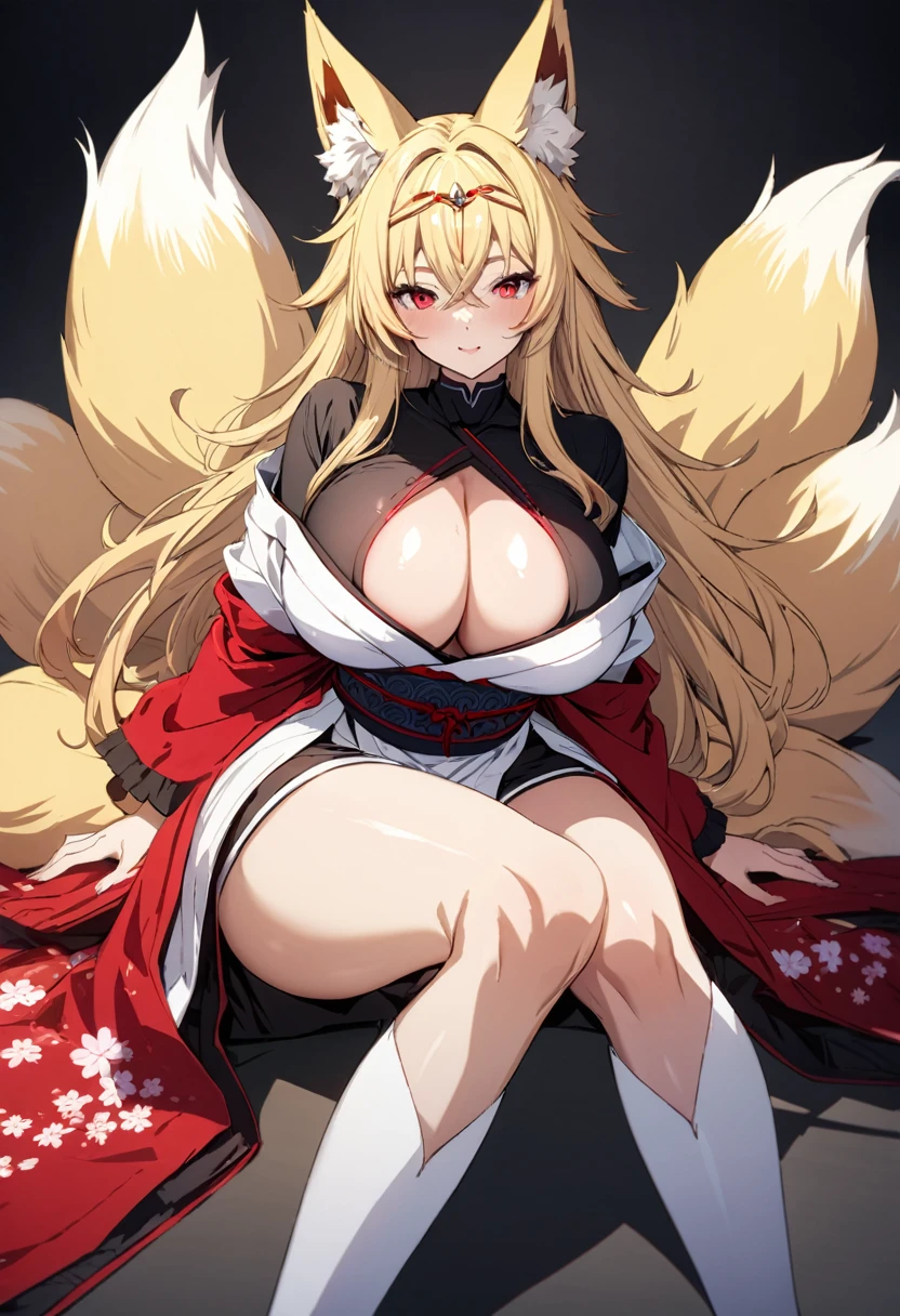(masterpiece),(best quality),(ultra detailed),(illustration),(an extremely delicate and beautiful),(anime colored),woman is fox girl,monster girl,(giganticboobs:1.3),curvy,(shiny hair),very long hair,(flipped hair),sidelocks,(crossed bangs),(blonde hair),fox eyes,(((((((nine fox tails))))))),(((Japanese circlet))),(red eyes),(shiny skin),(((japanese kikono))),(cleavage cutout),off shoulder,thigh,legs
