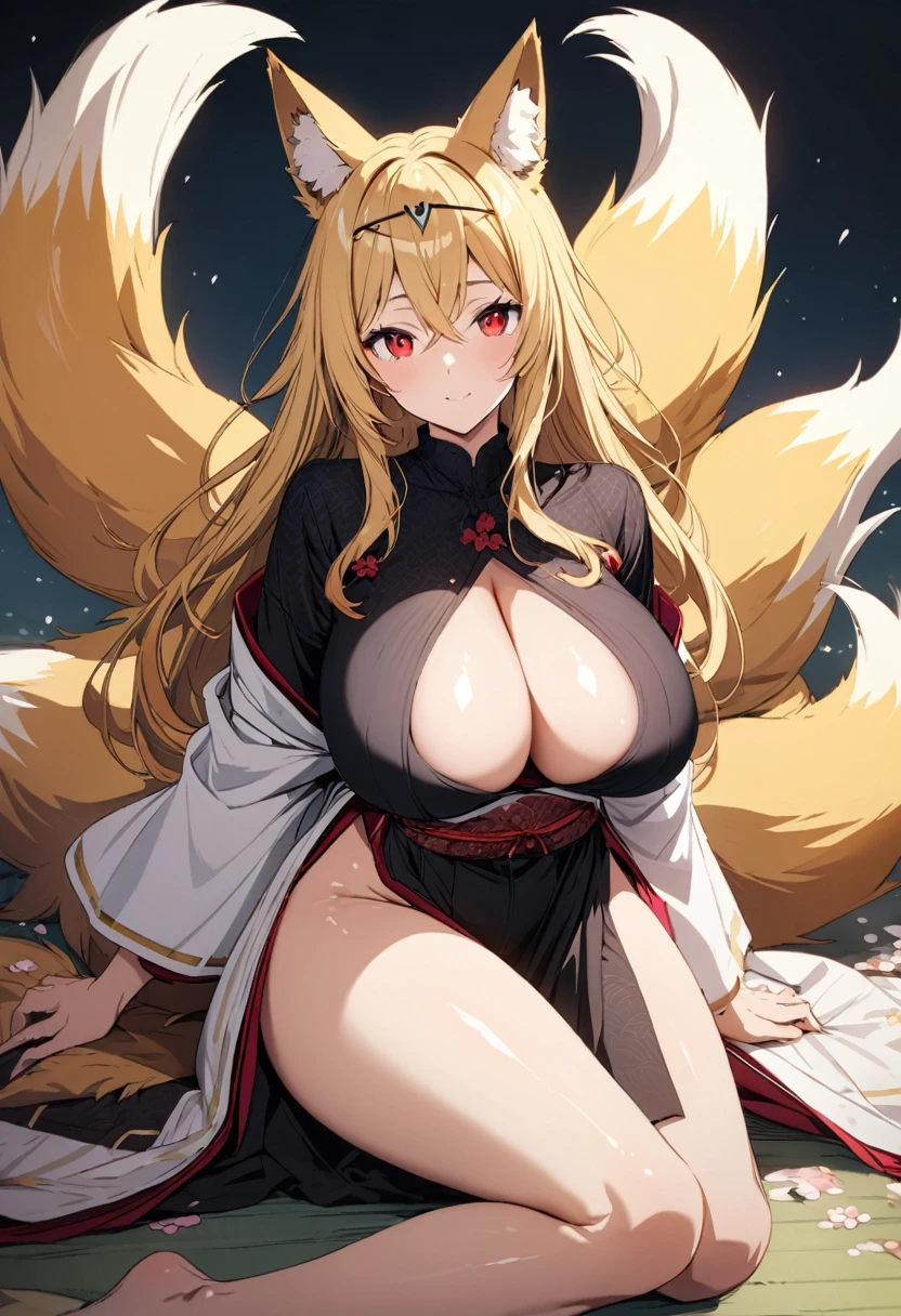 (masterpiece),(best quality),(ultra detailed),(illustration),(an extremely delicate and beautiful),(anime colored),woman is fox girl,monster girl,(giganticboobs:1.3),curvy,(shiny hair),very long hair,(flipped hair),sidelocks,(crossed bangs),(blonde hair),fox eyes,(((((((nine fox tails))))))),(((Japanese circlet))),(red eyes),(shiny skin),(((japanese kikono))),(cleavage cutout),off shoulder,thigh,legs
