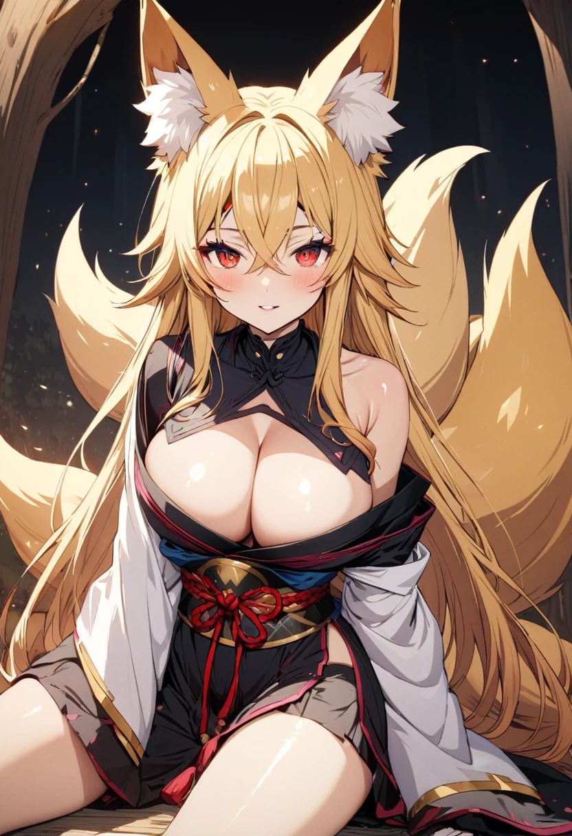 (masterpiece),(best quality),(ultra detailed),(illustration),(an extremely delicate and beautiful),(anime colored),woman is fox girl,monster girl,(giganticboobs:1.3),,(shiny hair),very long hair,(flipped hair),sidelocks,(crossed bangs),(blonde hair),fox eyes,(((((((nine fox tails))))))),(((Japanese circlet))),(red eyes),(shiny skin),(((japanese kikono))),( cutout),off shoulder,thigh,legs
