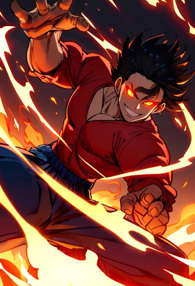 a muscular boy with short black hair in a red shirt and very baggy blue pants in a fighting stance smiling with glowing eyes and fire around
