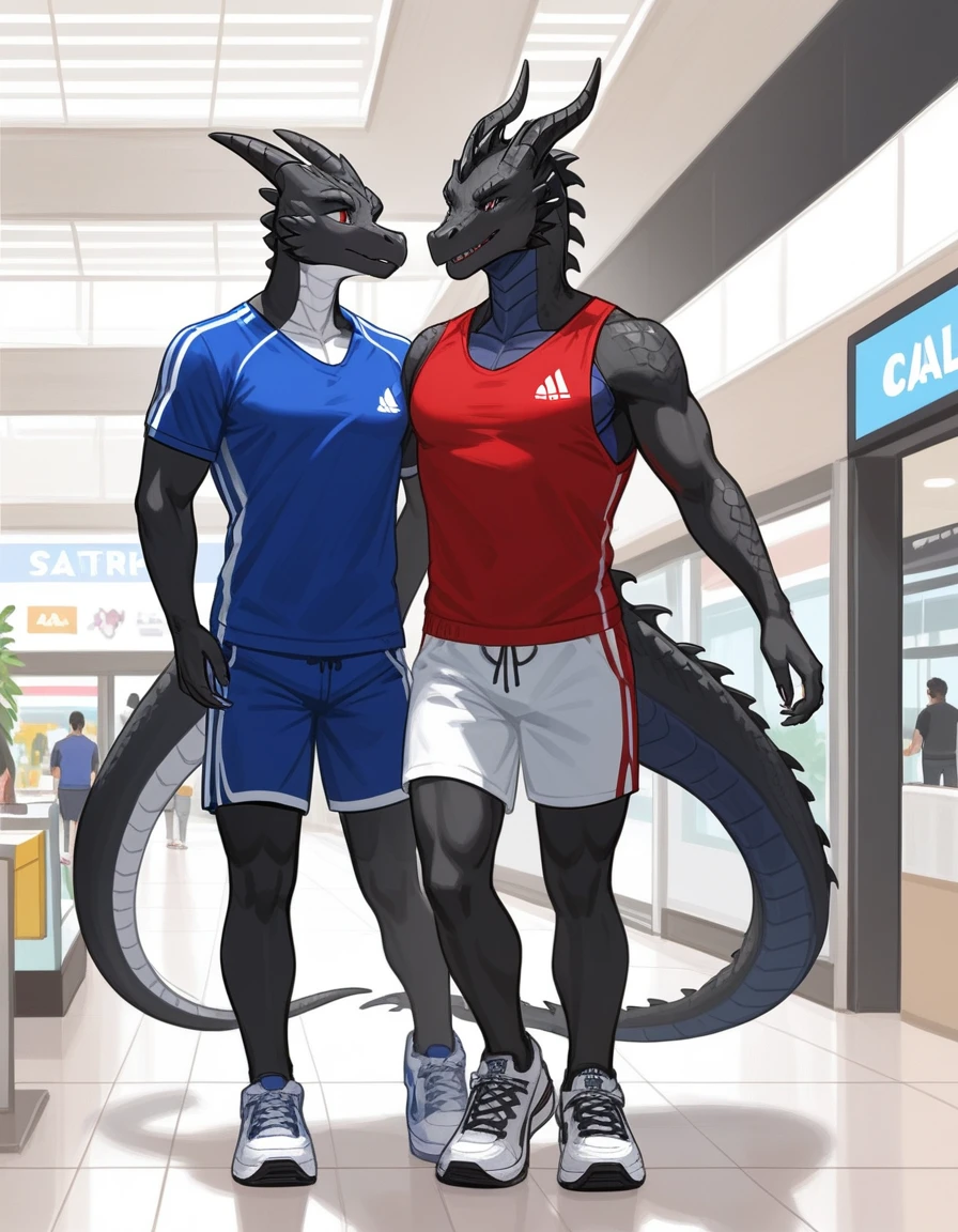Duo, Score_9, score_8_up, an anthro dragon male, tall, athletic body, black dragon male, (black and red scaley body):1.3, black dragon, red eyes, he is wearing a blue sports jersey and shorts with white sneakers, walking in a strip mall, looking to his left at other character, he is with an Anthro furry female cat girl